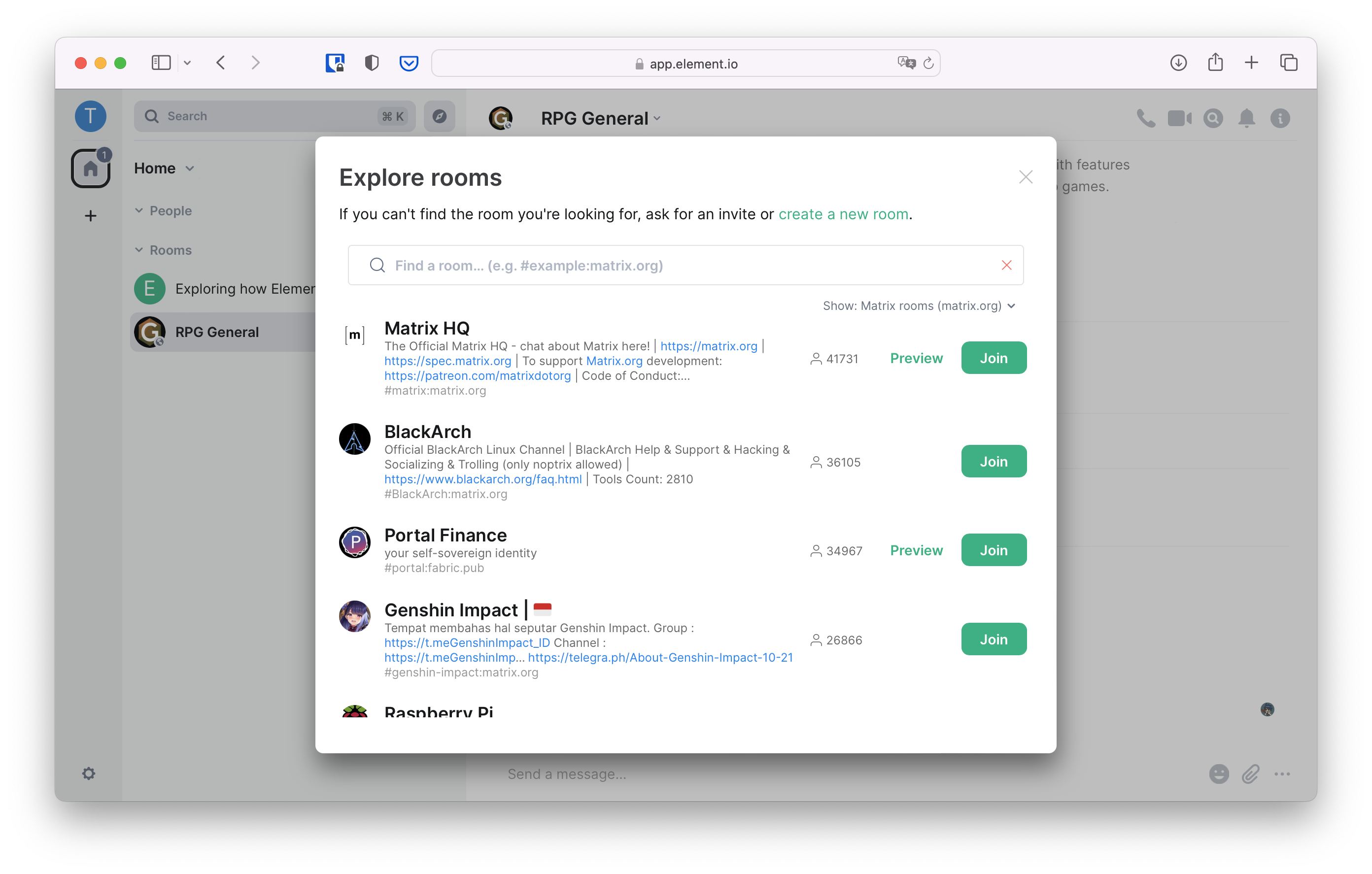 A window titled "Explore rooms" has opened in front. It has a search box near the top, a selection box with "matrix.org" selected, and a list of rooms below. Each room has an avatar, name, topic, member count, and join button. Some also have a preview button.