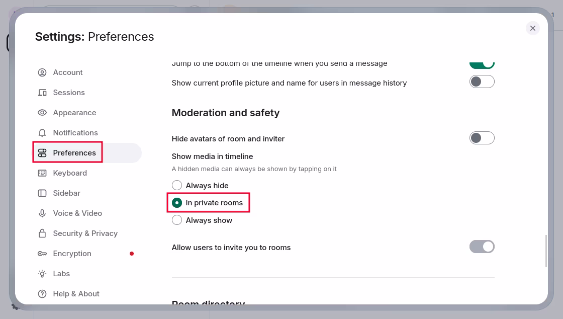 Element Web's settings menu, on the Preferences page, showing the
    Moderation and safety section. Under Show media in timeline, In private
    rooms is highlighted.